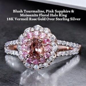 Blush Tourmaline, Moissanite & Pink Sapphire Floral Ring 18K Vermeil Rose Gold